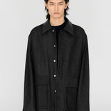 (PRE-ORDER) LIAM Lambskin Leather Collar Field Jacket in Black Japanese Raw Denim