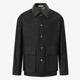 (PRE-ORDER) LIAM Lambskin Leather Collar Field Jacket in Black Japanese Raw Denim
