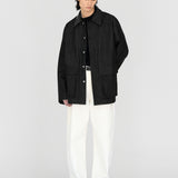 (PRE-ORDER) LIAM Lambskin Leather Collar Field Jacket in Black Japanese Raw Denim