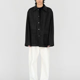 (PRE-ORDER) LIAM Lambskin Leather Collar Field Jacket in Black Japanese Raw Denim